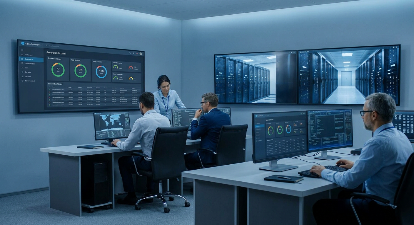 Photorealistic interior scene of an operations team monitoring a server room on large screens. Modern office environment, ...