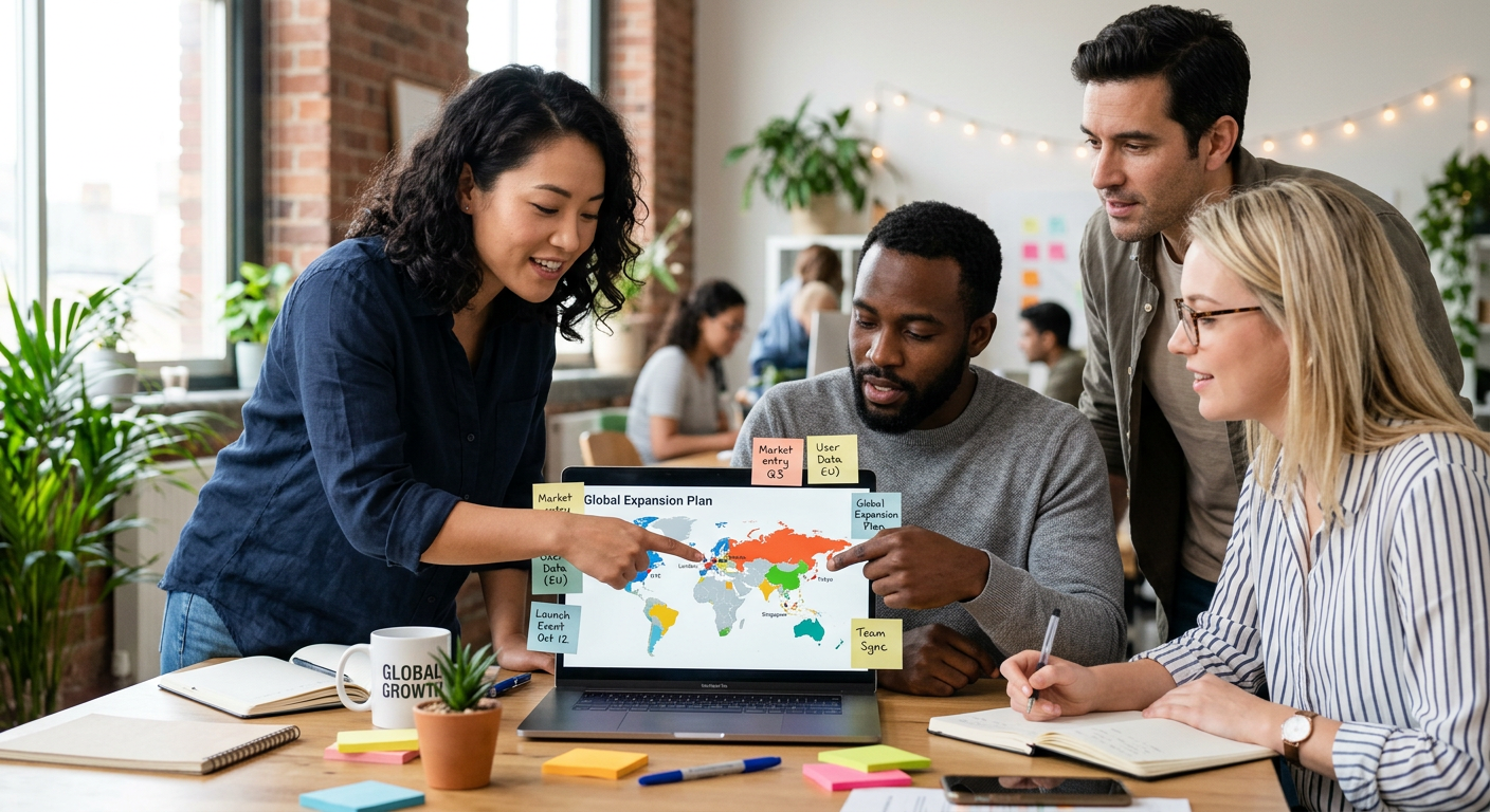Close-up photorealistic image of a startup team around a table, pointing at a laptop with a world map and sticky notes, co...