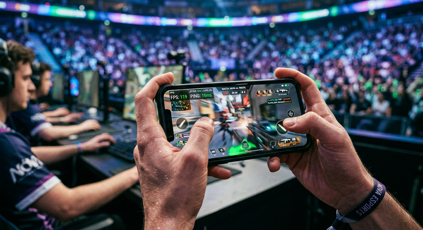 Photorealistic in-content image of a close-up smartphone screen showing a low-latency multiplayer match overlay with netwo...