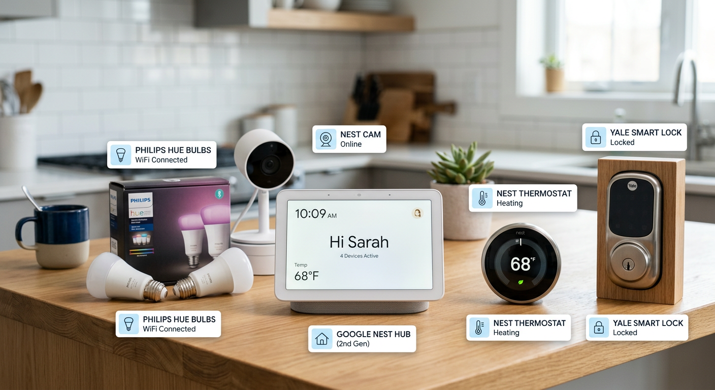 Close-up photorealistic shot of a smart hub on a modern kitchen counter surrounded by labeled smart devices: smart bulbs, ...