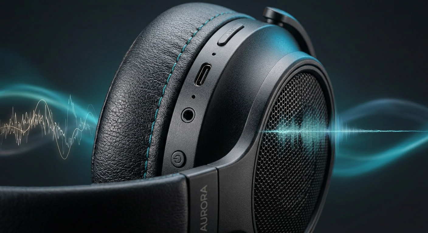 Close-up photorealistic image of an over-ear headphone earcup with subtle animated-style sound wave overlays to illustrate...