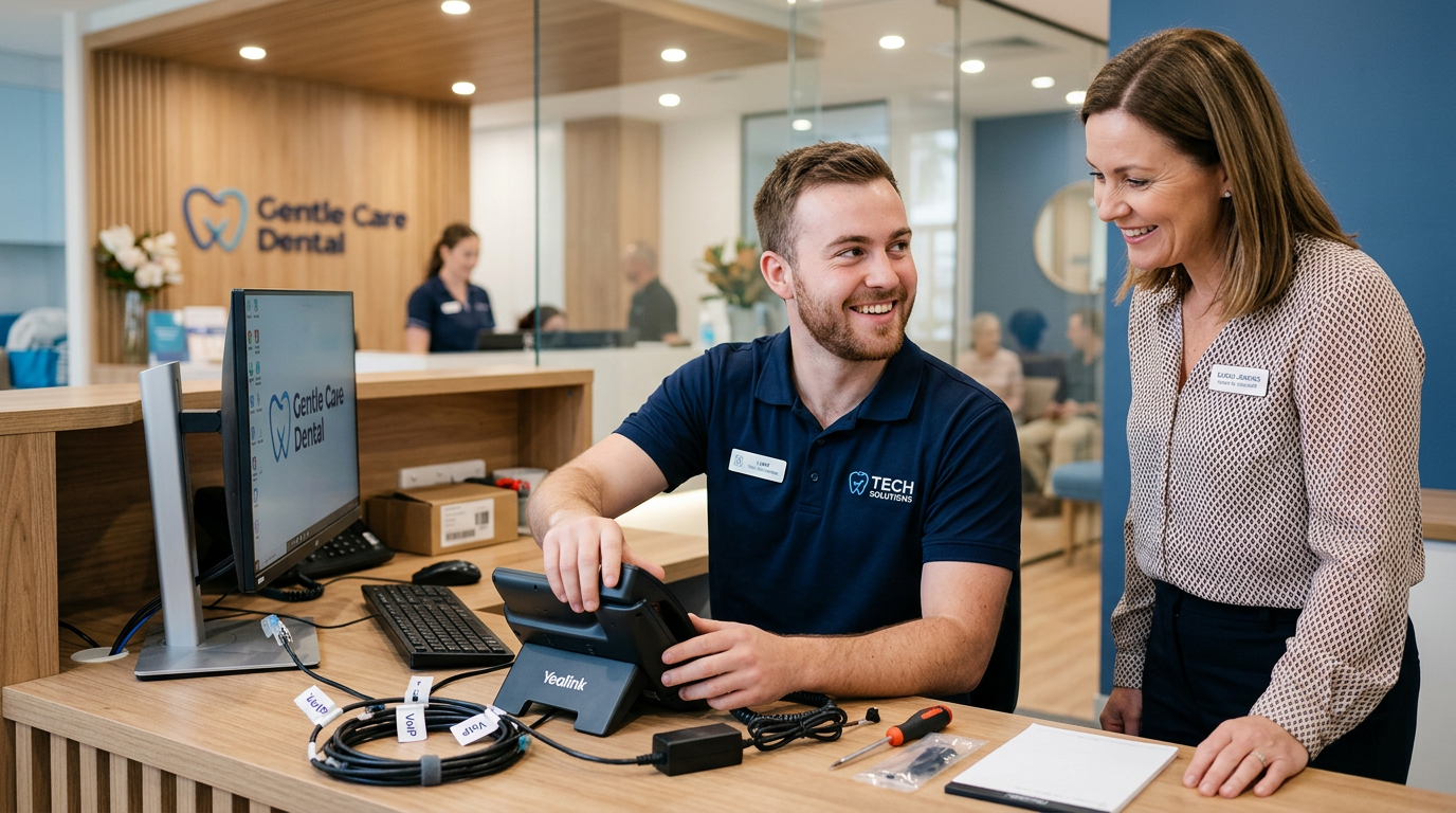 Network System Solutions | IT Outsourcing For Small Business: Arizona MSP Solutions & Support Photorealistic middle-width image showing a friendly IT technician installing a VoIP phone on a desk while a practice mana...