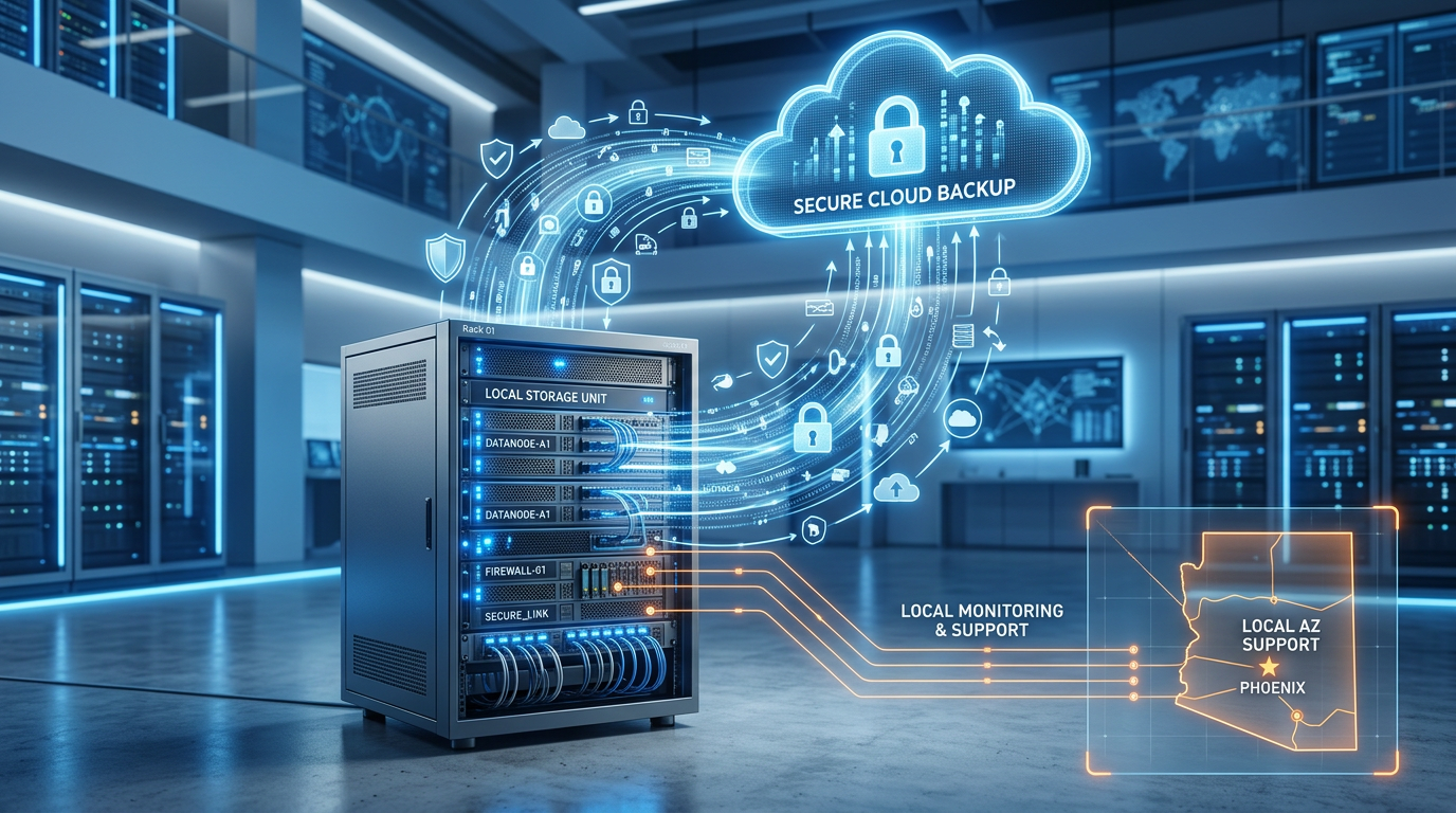 Network System Solutions | IT Outsourcing For Small Business: Arizona MSP Solutions & Support Photorealistic illustrative image of a secure data flow concept, stylized server rack in foreground with transparent overl...