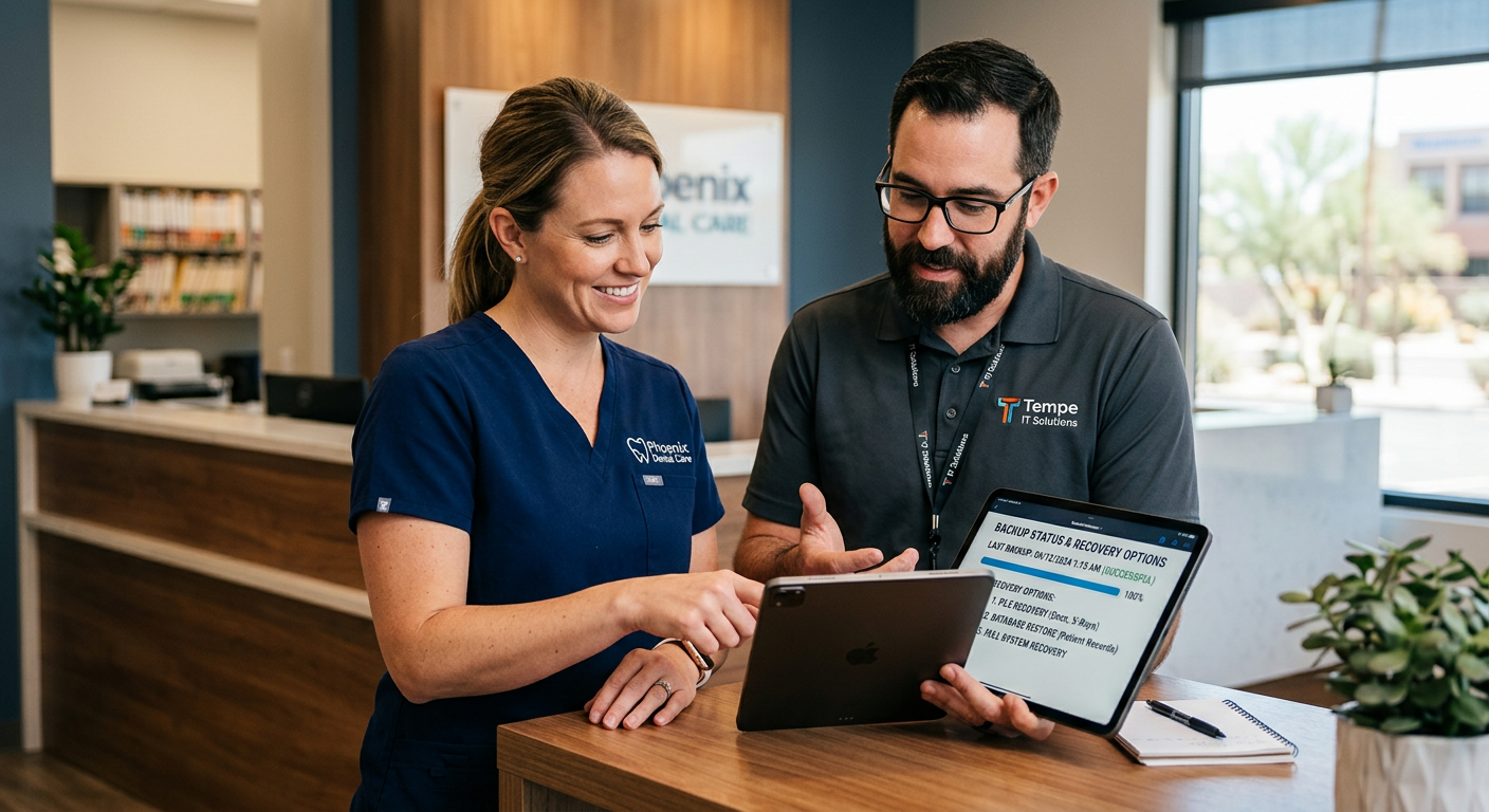 Network System Solutions | Data Backup and Recovery Solutions for Arizona Small Businesses Middle-of-article photorealistic image showing an IT technician collaborating with a small dental practice manager over a ...