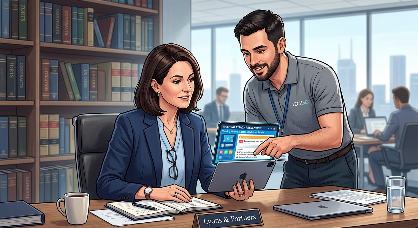 Network System Solutions | Cybersecurity for Law Firms: Essential Protections in Arizona Photorealistic mid-shot of an attorney at a desk receiving a cybersecurity training from an IT specialist on a tablet, mod...