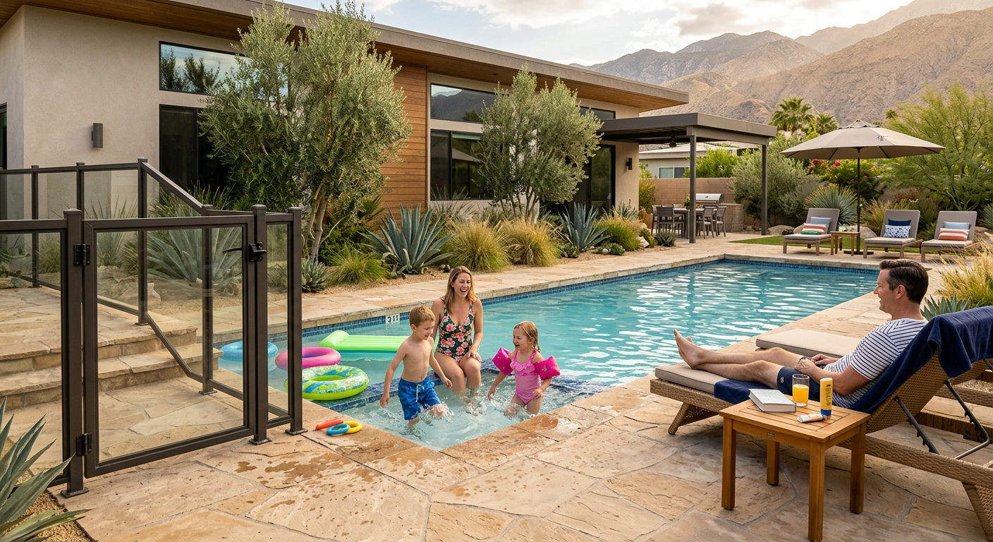 Mid-level shot of a modern vacation home pool area, photorealistic, family-friendly scene showing gated pool steps, shallo...