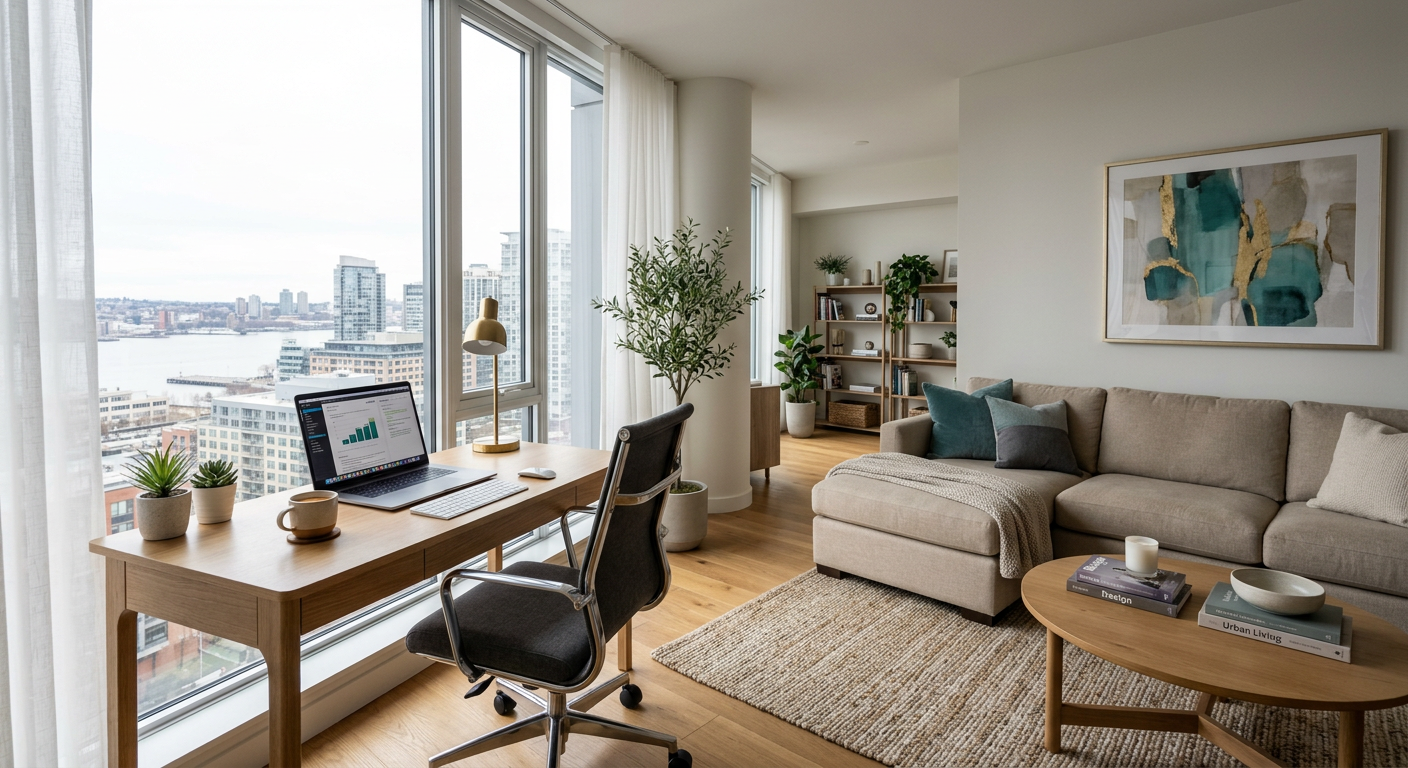 Photorealistic interior shot of a modern condo living room with a dedicated workspace near a large window, ergonomic chair...