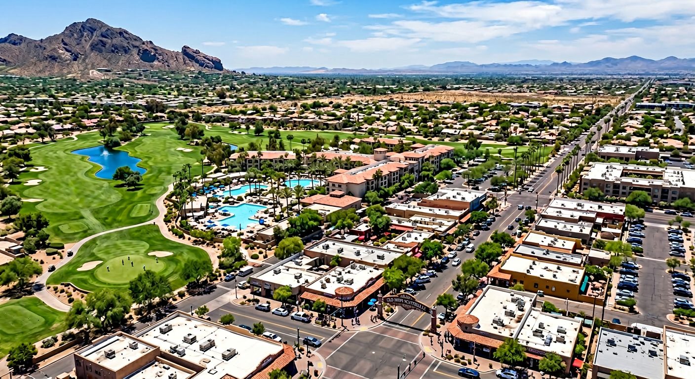 Photorealistic aerial view of central Scottsdale and nearby attractions including a resort pool cluster, a golf course, an...