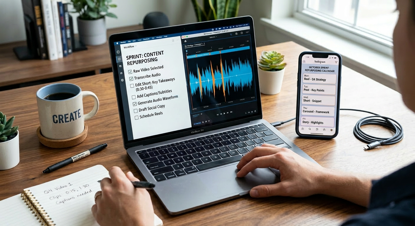 Close-up photorealistic scene of a content repurposing sprint on a laptop and smartphone, showing a checklist, short video...