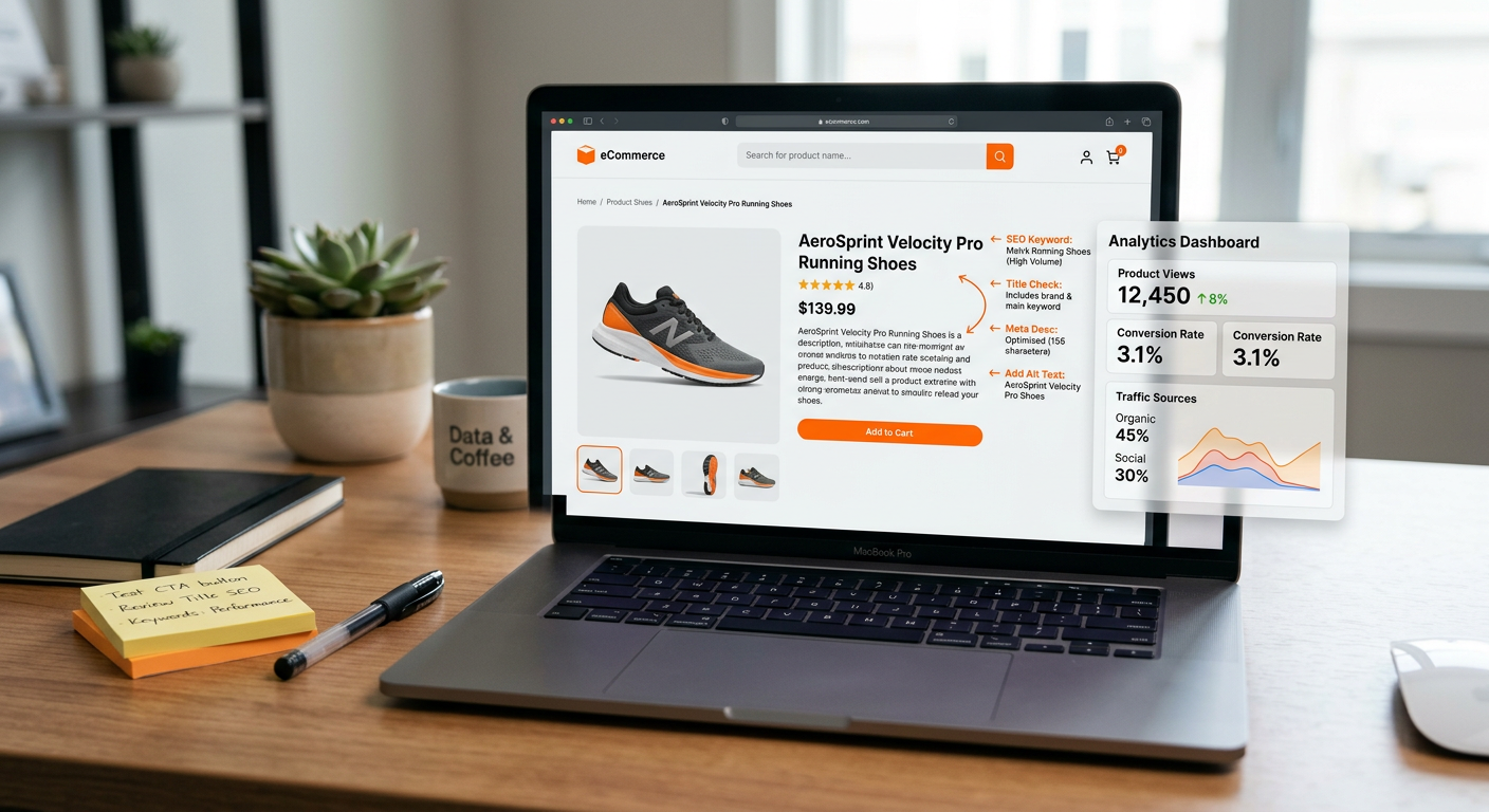 Photorealistic close-up of an ecommerce product page on a laptop screen with an analytics overlay, sticky notes and a pen ...