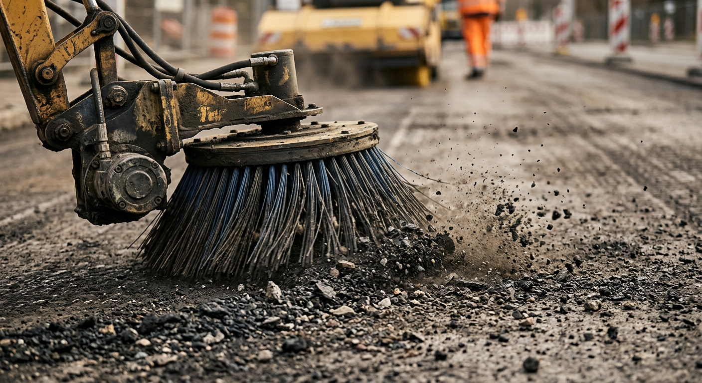 Photorealistic close-up of a mechanical broom head sweeping asphalt debris including loose millings and rubber buildup, me...