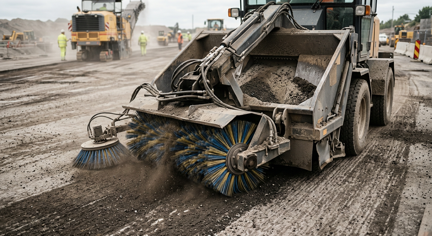 Midshot, photorealistic image of a mechanical broom street sweeper working on an asphalt milling site, close-up on the bro...