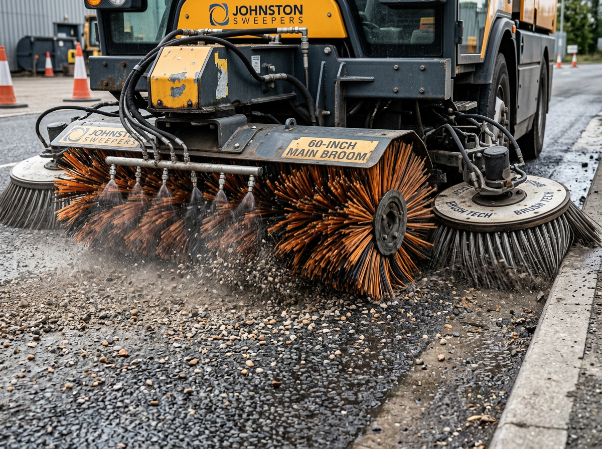 Photorealistic mid-page image of a mechanical broom close-up sweeping loose aggregate, 4:3 aspect ratio, horizontal. Shows...