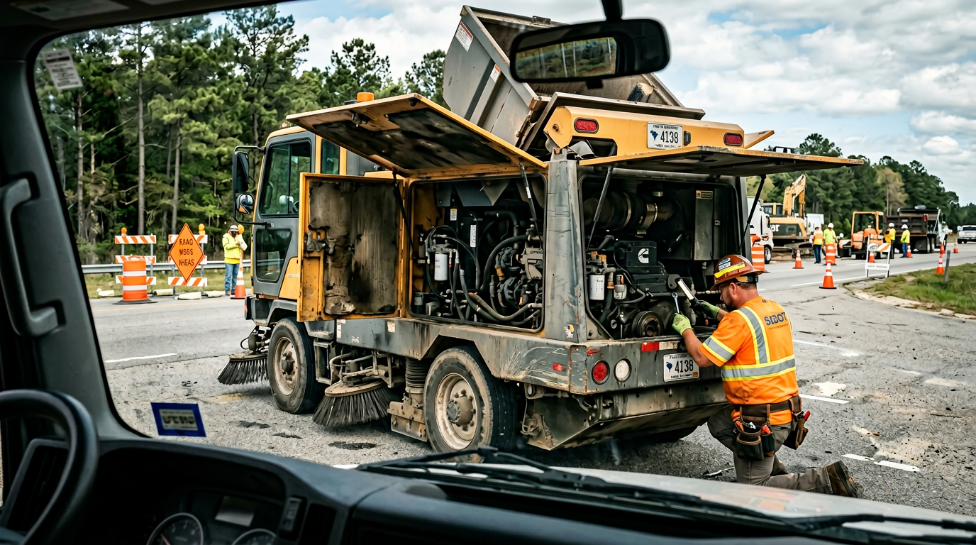Photorealistic in-body image showing a crewed XBroom sweeper parked beside a work zone in South Carolina, 16:9 aspect rati...
