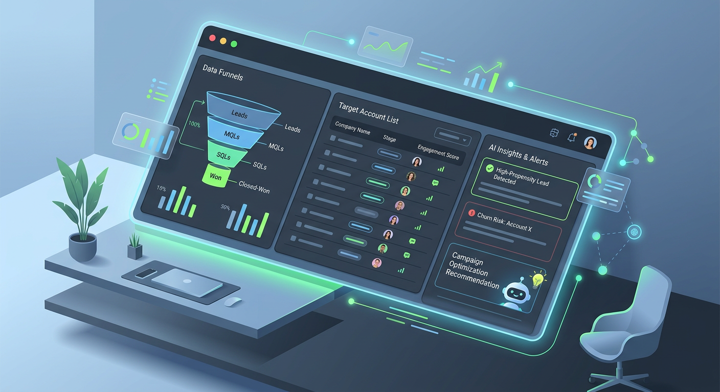 Modern isometric illustration of a marketing operations dashboard showing funnels, account lists, and AI insights. Clean, ...