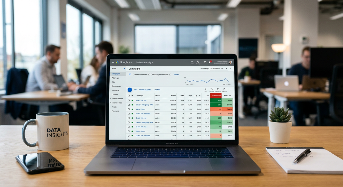 A detailed photorealistic mid-shot of a laptop screen showing Google Ads interface, with highlighted campaign segments, co...