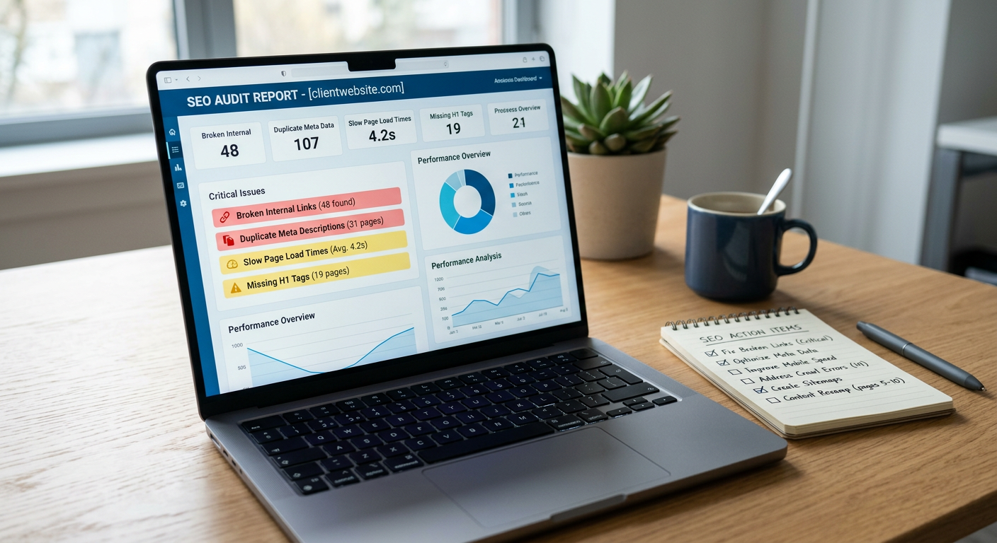 Close-up photorealistic image of a laptop screen displaying an SEO audit report, with highlighted issues and a checklist b...