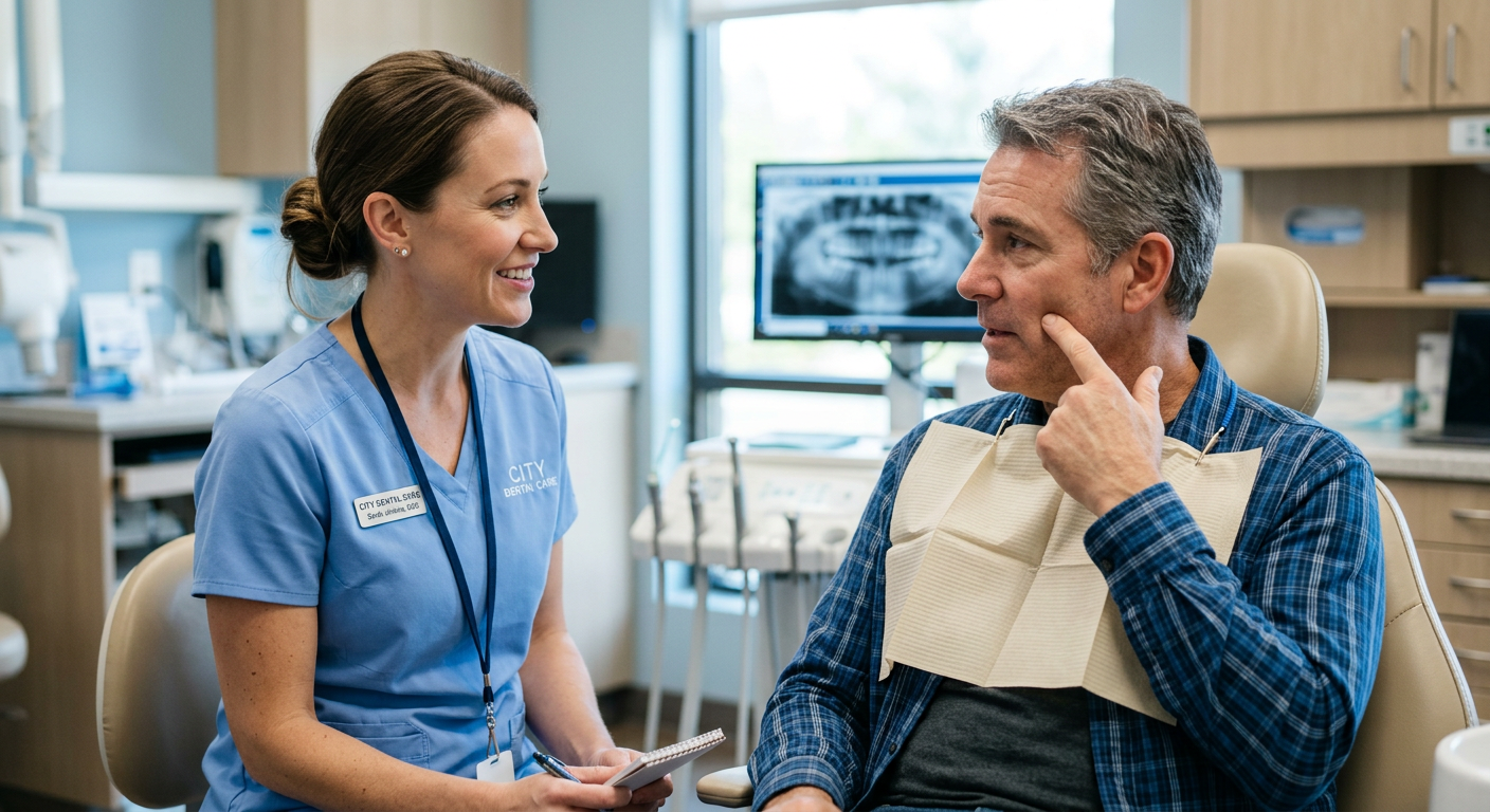 Close-up, photorealistic image of a female dentist (American), in a bright clinic, speaking calmly with a middle-aged male...