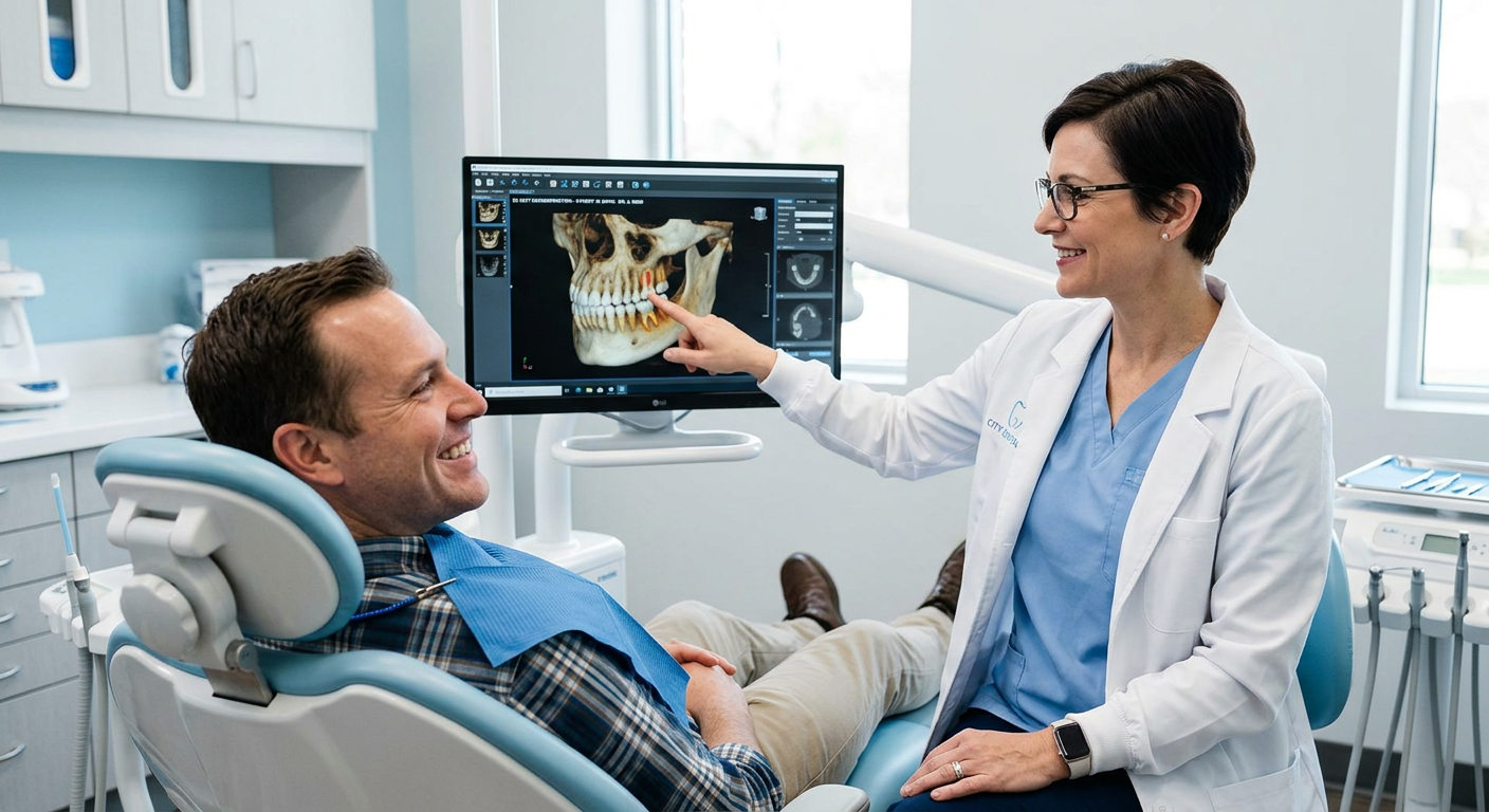 IN-CONTENT IMAGE - Photorealistic close-up of a female dentist (American, mid-40s) reviewing a 3D dental CT scan on a moni...
