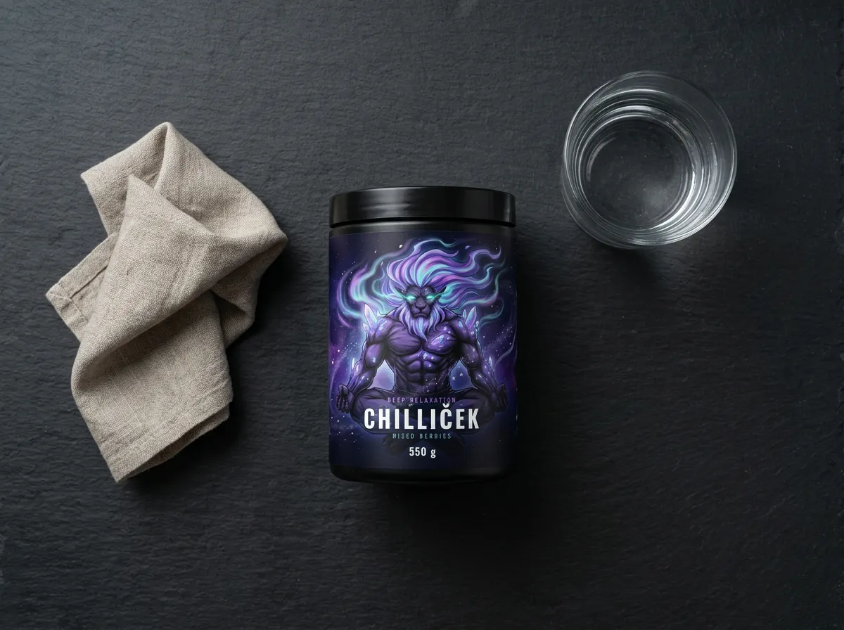 Horčík na spánok – supporting produktová flat lay fotografia Evolved Chilliček v čistom minimalistickom štýle