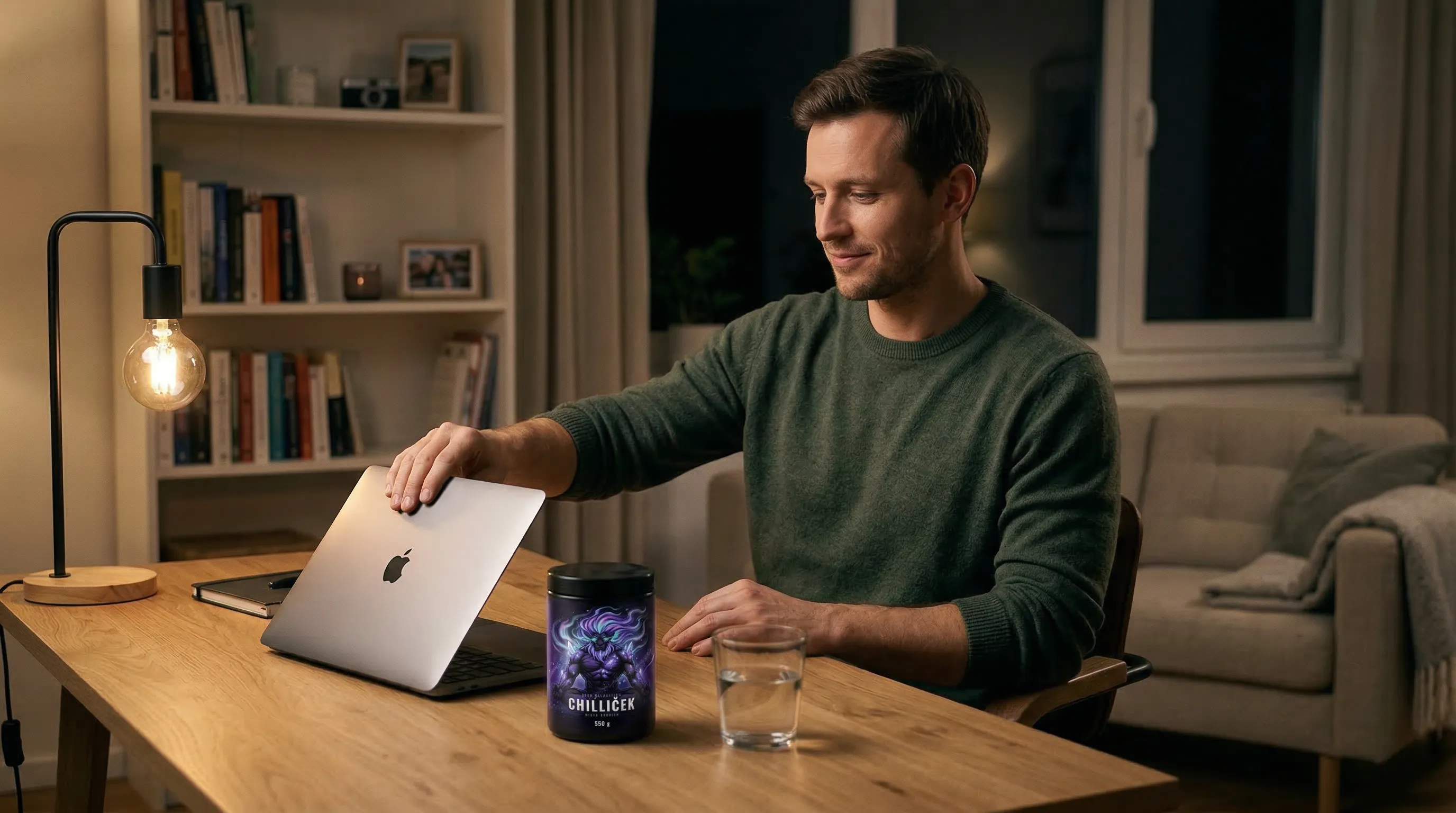 Horčík na spánok – lifestyle fotografia večerného vypnutia s produktom Evolved Chilliček