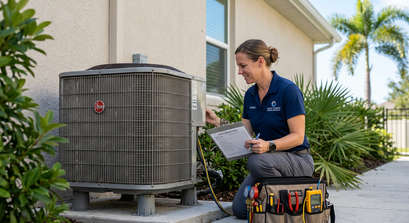 Close-up photorealistic shot of a property manager inspecting an air-conditioning unit outside a Florida home, clipboard i...