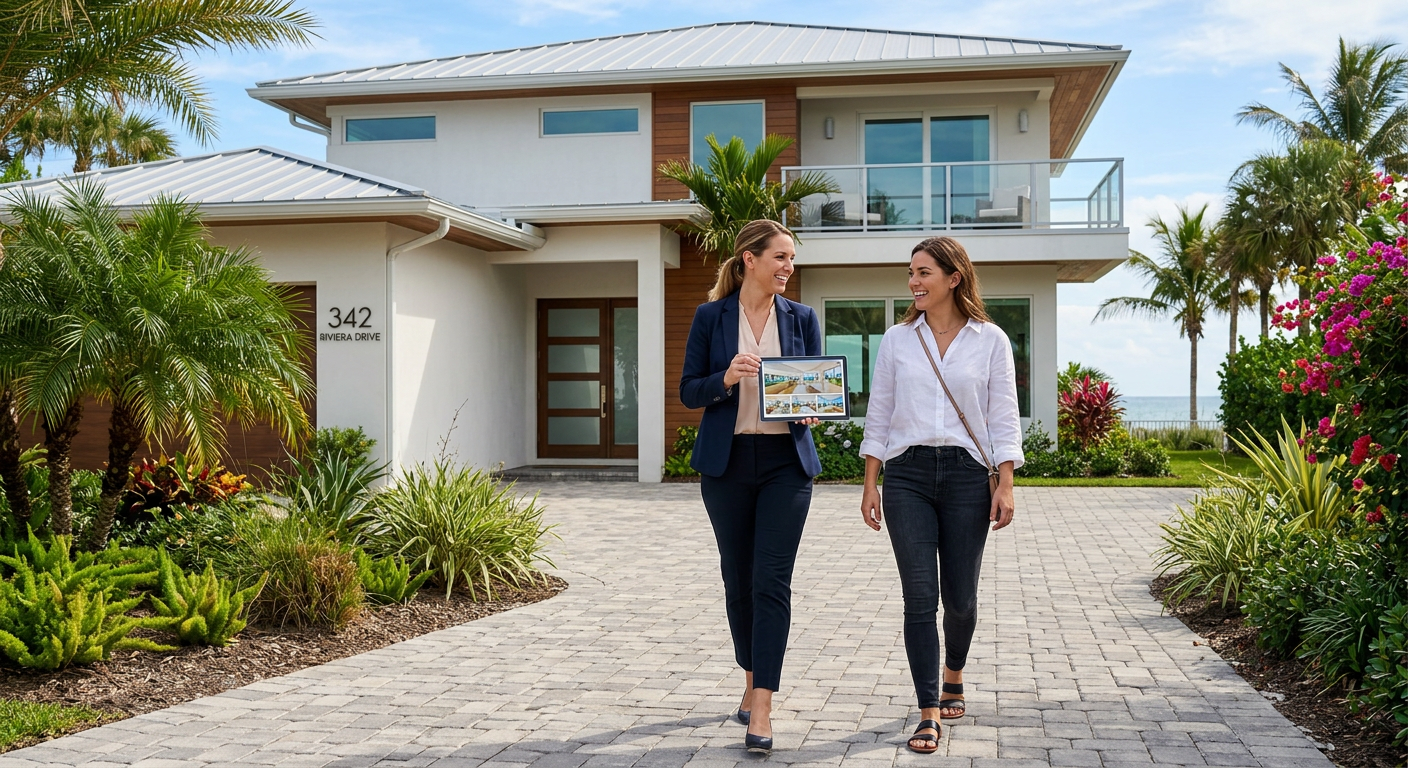 Photorealistic mid-shot of a real estate agent and buyer walking up to a modern Riviera Beach home, agent holding a tablet...