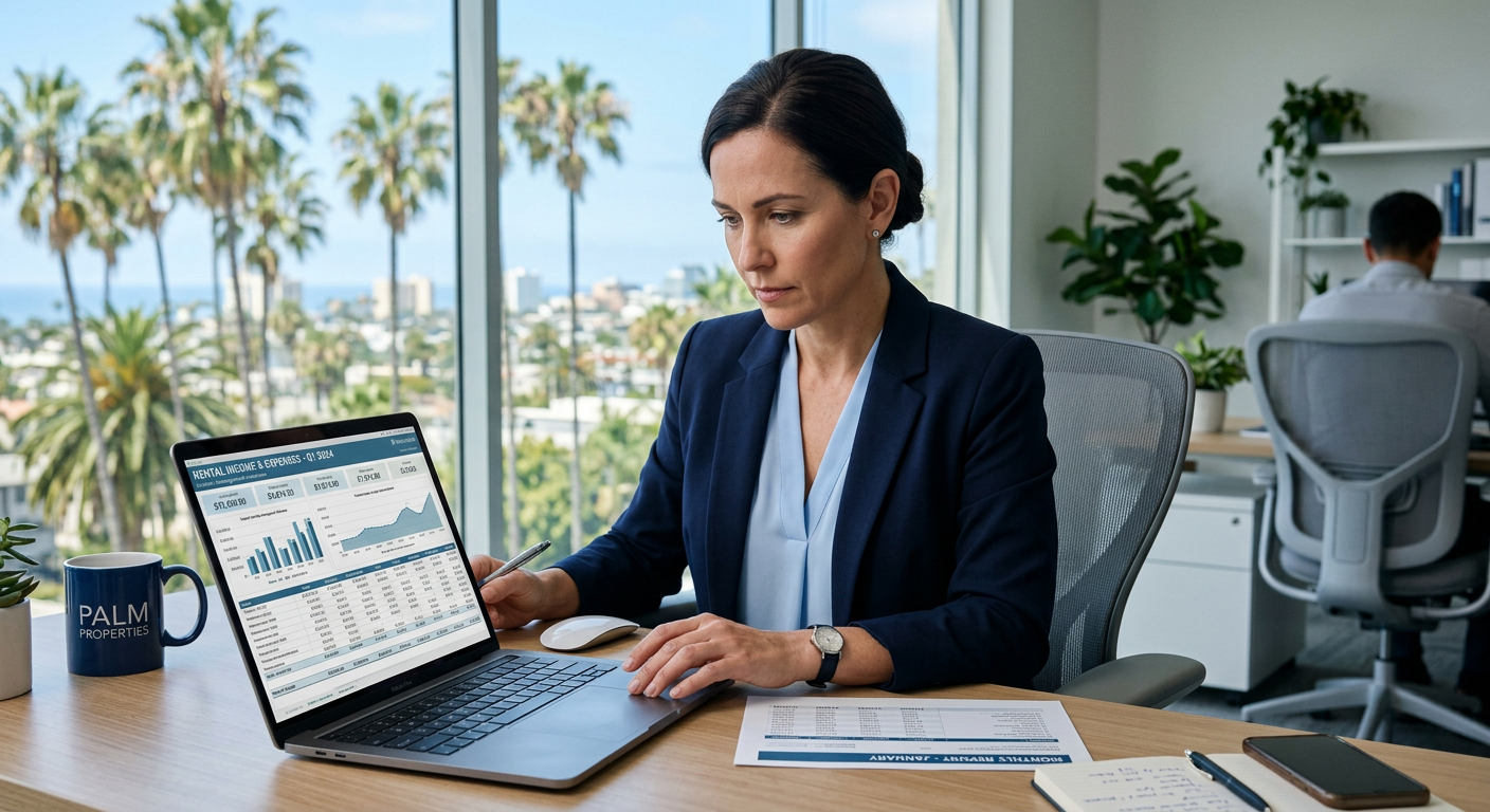 Photorealistic close-up of a property manager reviewing rental financials on a laptop, modern office setting with palm vie...