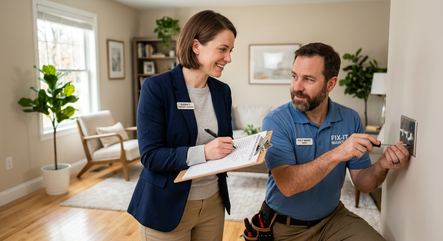 Mid-article photorealistic image of a property manager inspecting a single-family rental interior, taking notes on a clipb...