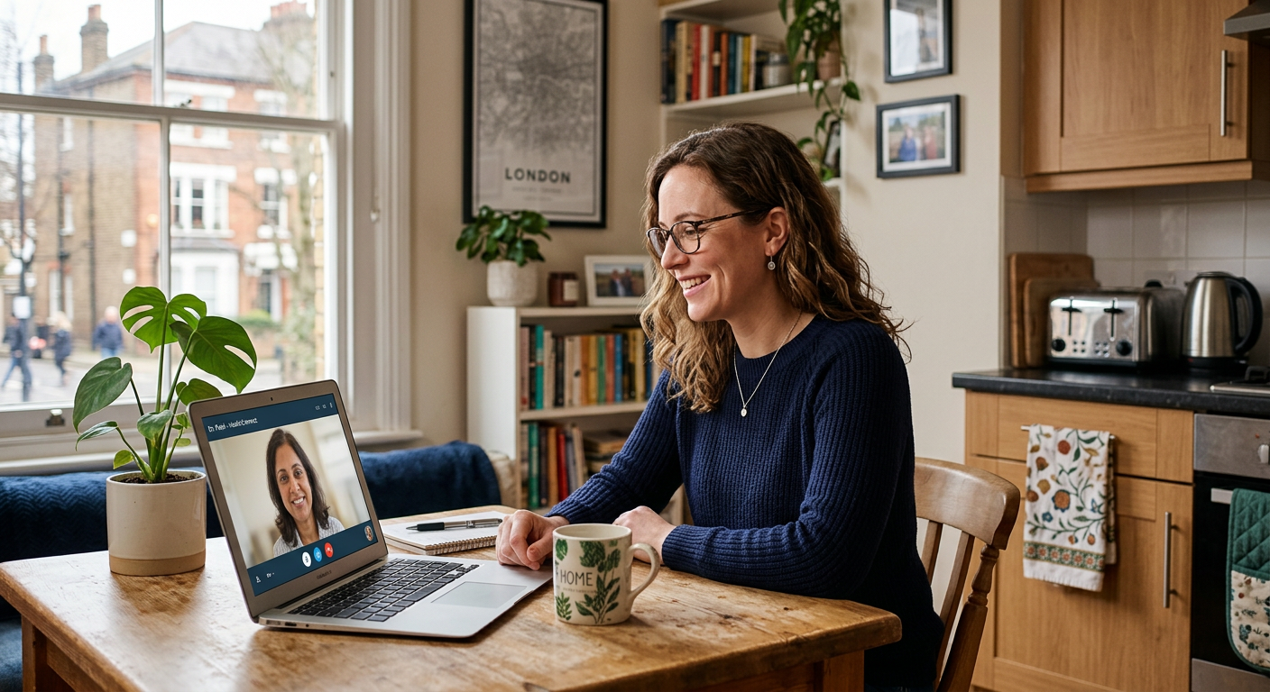 Photorealistic mid-shot of a telehealth session: a mid-30s person seated at a small kitchen table in a cozy apartment, lap...