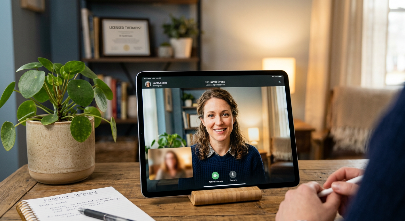 A photorealistic mid-shot of a licensed therapist conducting a video session on a tablet, client blurred in a cozy home se...