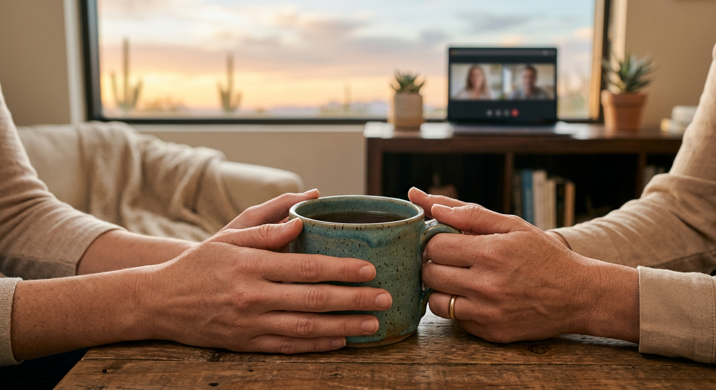 A warm, photorealistic close-up of two hands on a mug during a video therapy session, gentle focus on hands, soft natural ...