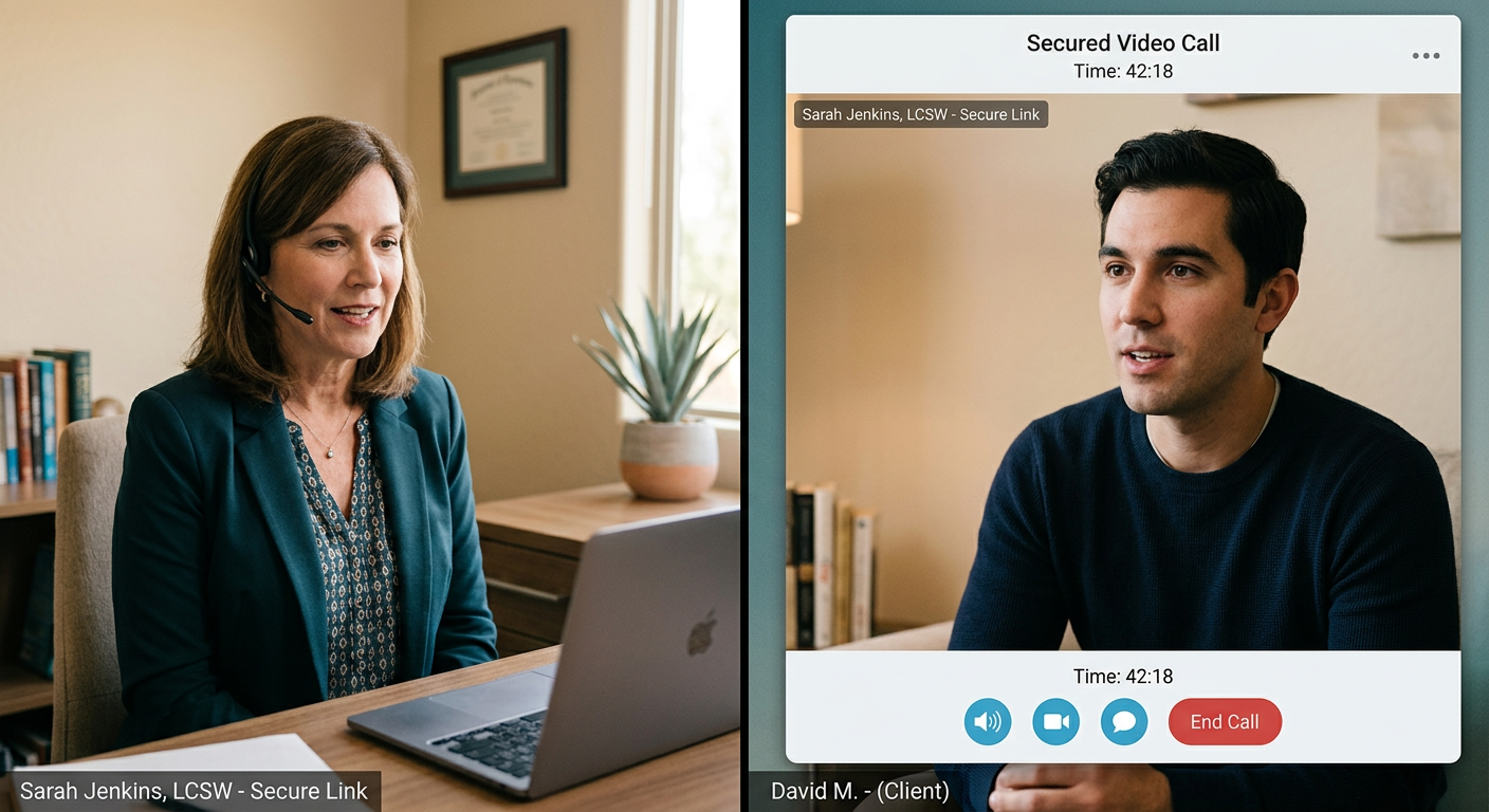 A photorealistic midshot of a licensed therapist on a secured video call with a client, split-screen composition, neutral ...