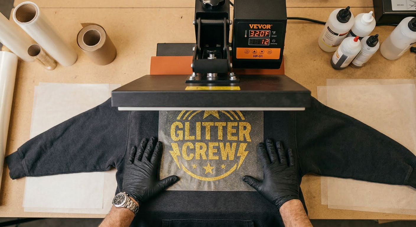 Close-up photorealistic image of a technician applying glitter DTF film to a hoodie using a heat press. Focused overhead v...