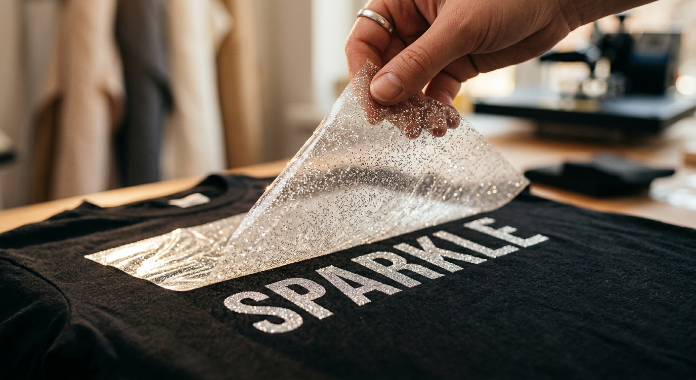 Close-up photorealistic shot of a heat-pressed black tee with a glitter DTF transfer mid-peel, showing sparkles embedded i...