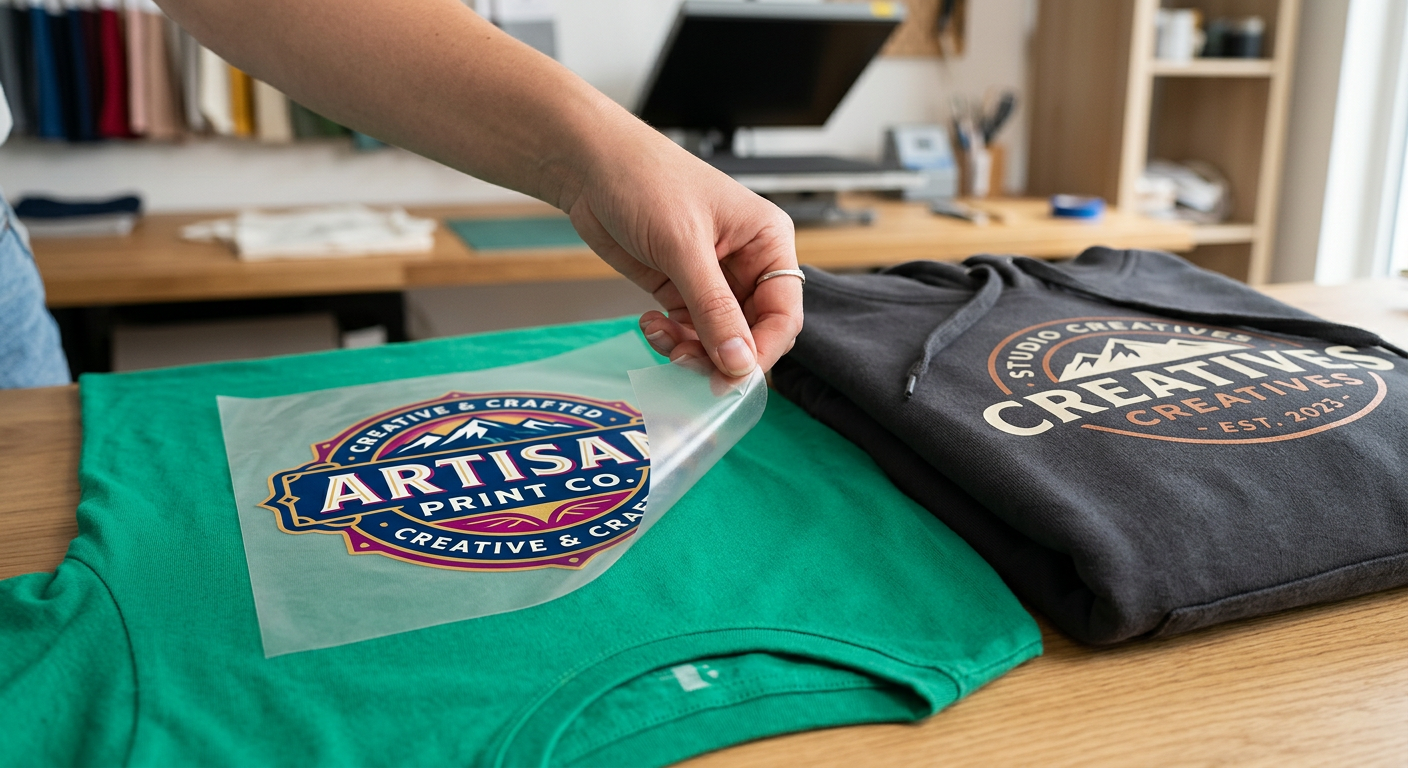 Close-up photorealistic image of a hand peeling a clear DTF transfer film off a vibrant T-shirt, next to a soft-touch scre...