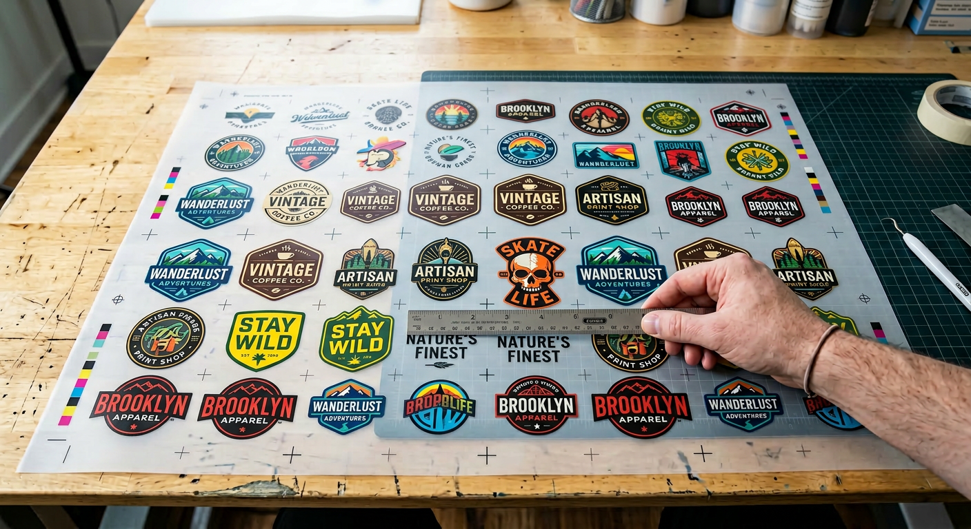 Close-up photorealistic shot of a gang sheet layout on a flat table, showing multiple small-to-medium designs arranged tig...