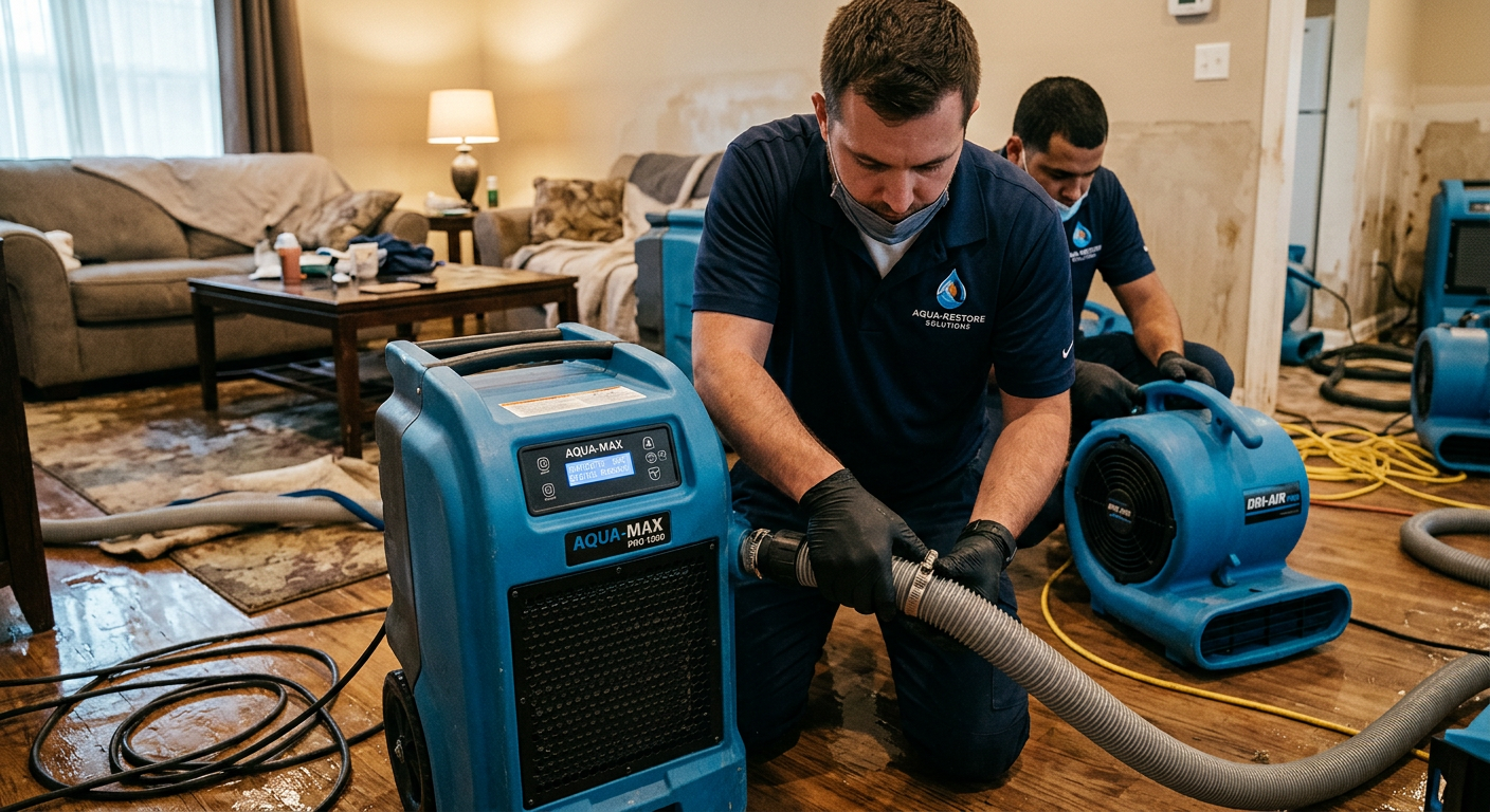 Close-up photorealistic shot of technicians setting up high-capacity dehumidifiers and air movers inside a flooded living ...