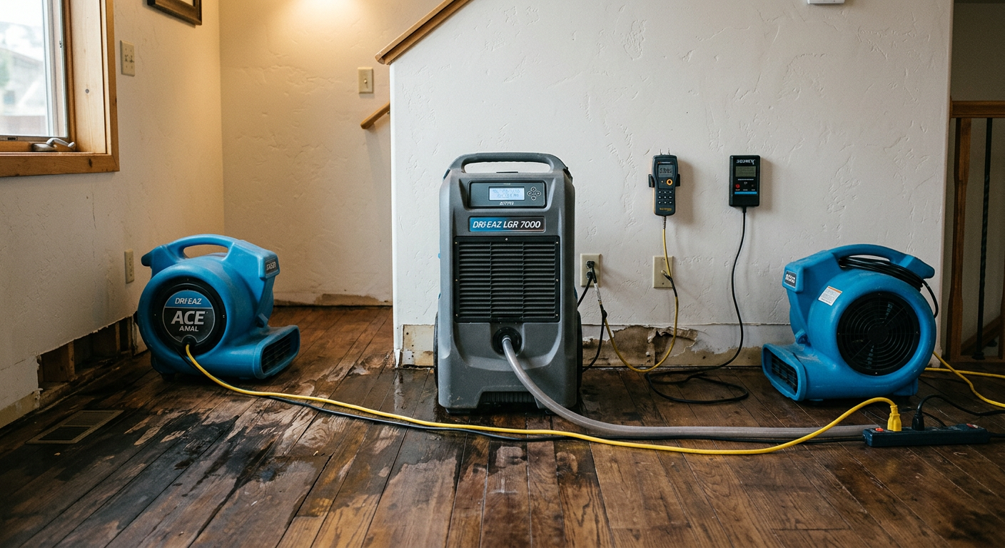 Clean, photorealistic close-up of drying and dehumidification equipment in a Basalt home, showing a commercial dehumidifie...