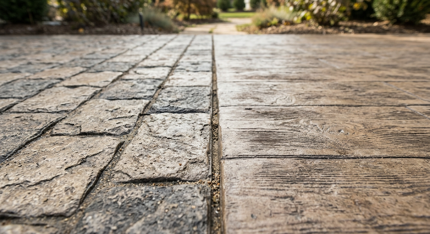 Close-up, photorealistic shot of stamped concrete textures and edge details showing cobblestone and wood-plank impressions...