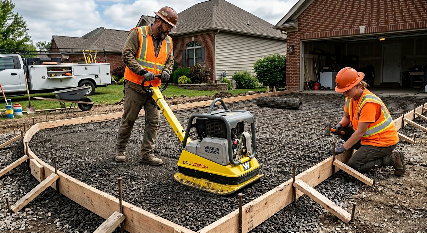 Close-up, photorealistic in-content photo of a contractor compacting a gravel base and setting forms for a driveway pour. ...