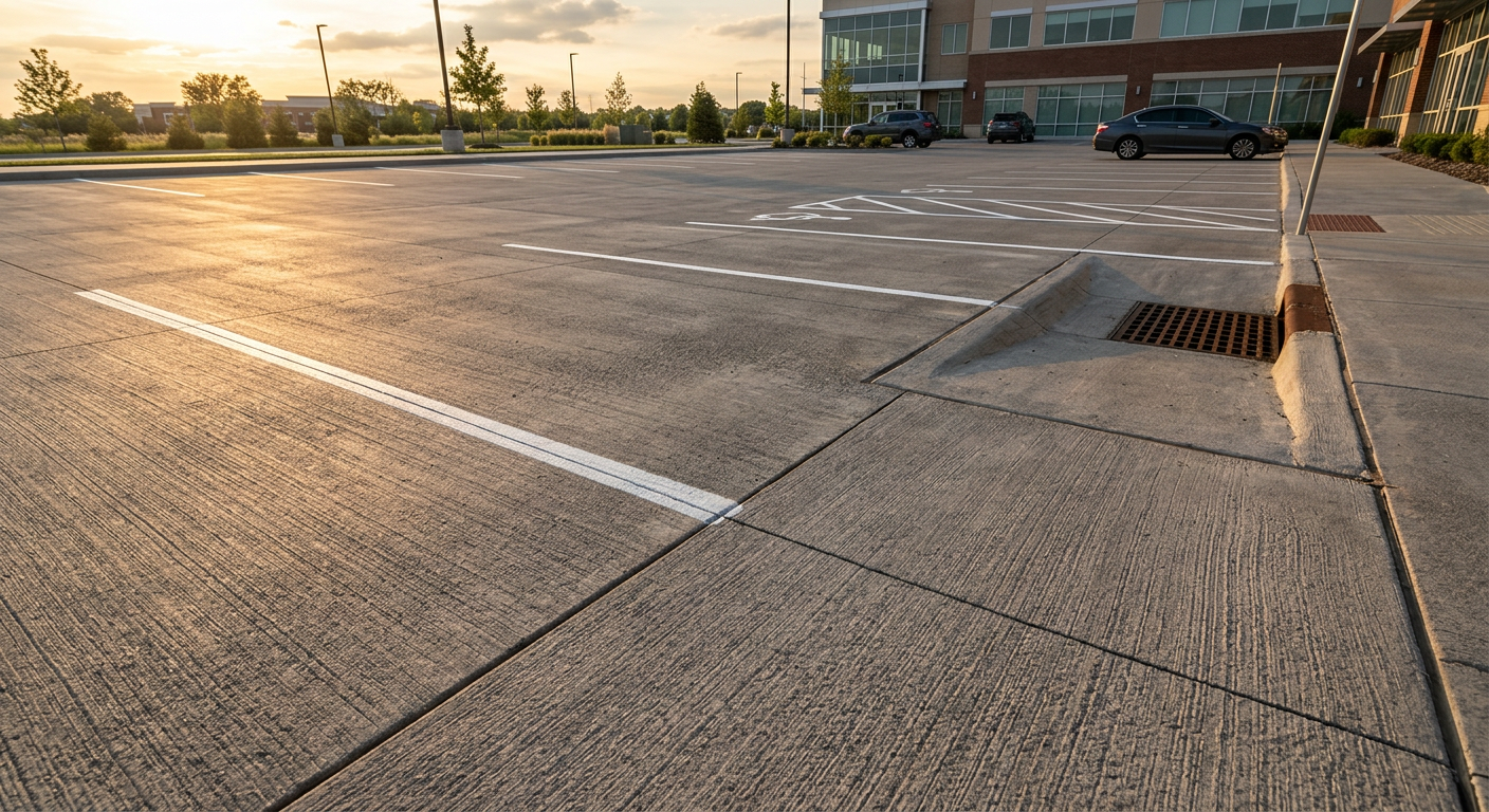 Photorealistic close-up of finished commercial parking lot with crisp control joints and textured broom finish at golden h...