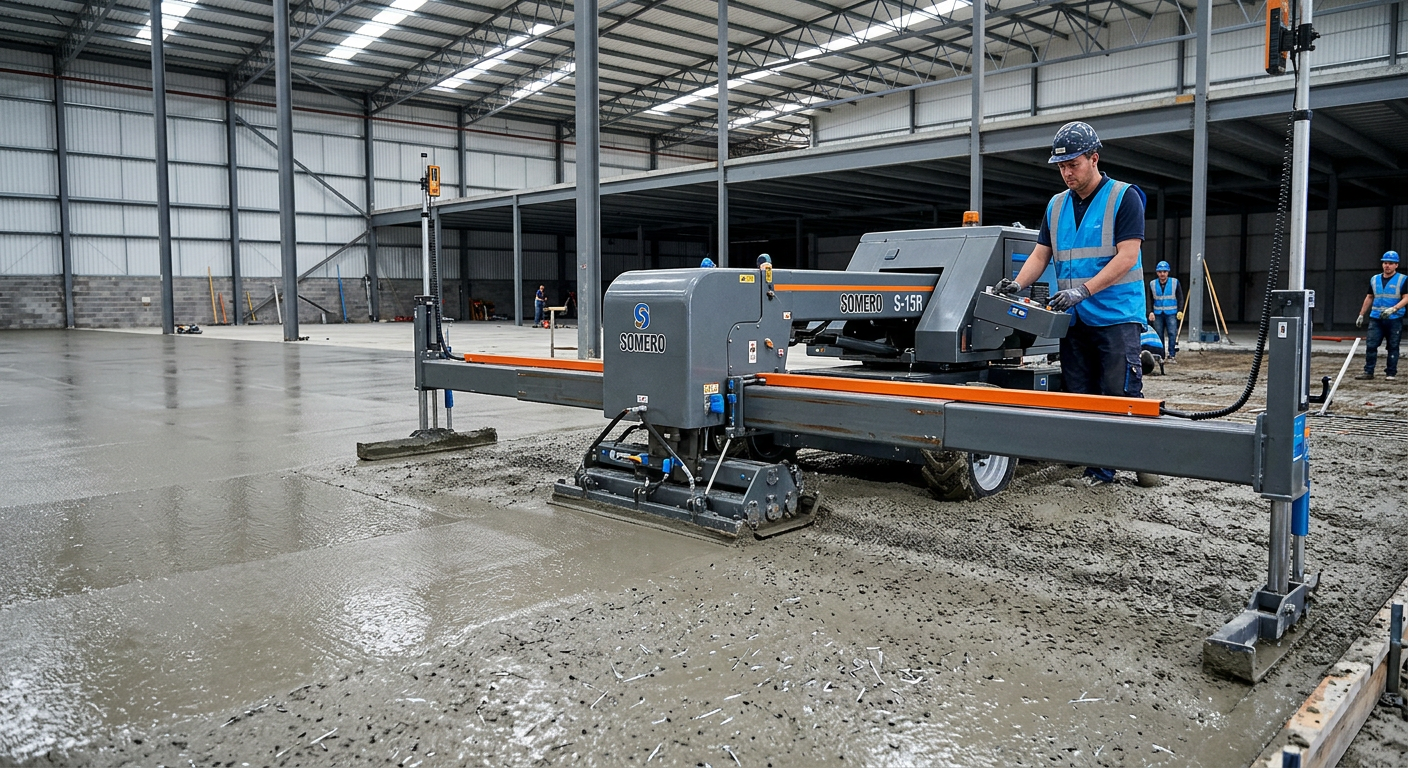 Photorealistic mid-shot showing a close-up of laser screed finishing a warehouse floor, modern photographic style, profess...