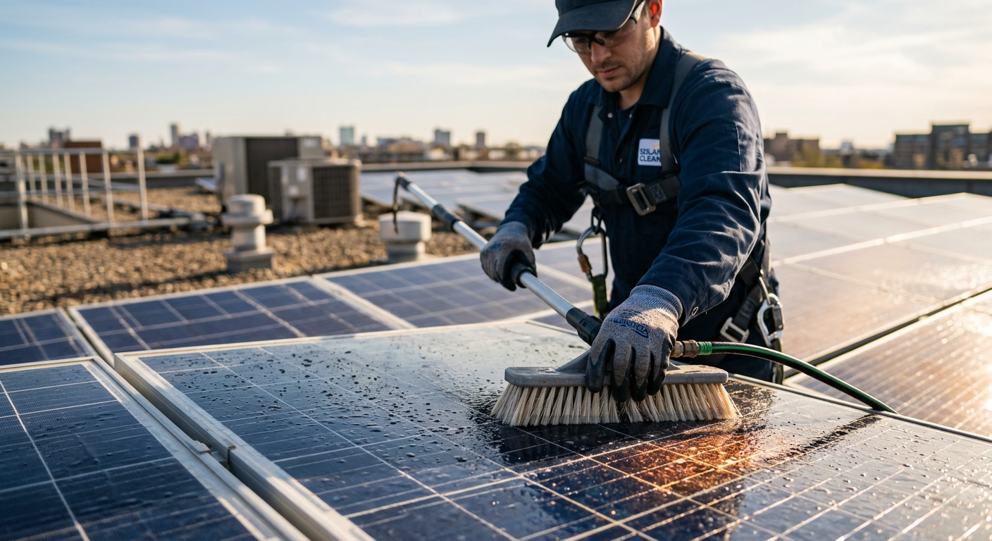 Independent Solar | Solar Maintenance and Repair Services: Protect Your Investment Photorealistic mid-page image showing a close-up of a technician cleaning PV modules on a commercial flat roof. Clean, pro...