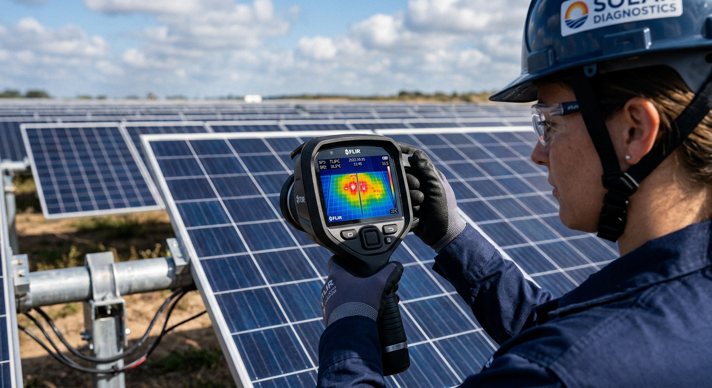 Independent Solar | Solar Maintenance and Repair Services: Protect Your Investment Illustrative mid-article image showing a technician performing thermal imaging diagnostics on solar panels using an infrar...