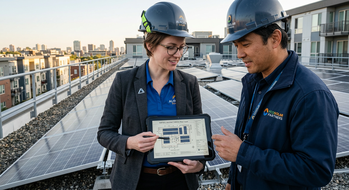 Middle-of-article photorealistic image of a project manager and dealer partner reviewing PV layout plans on a tablet in fr...
