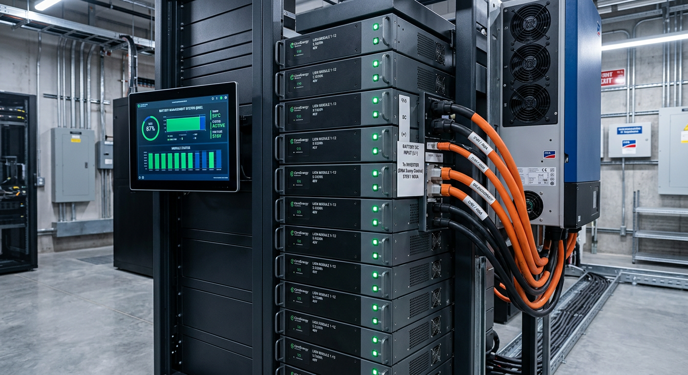 Independent Solar | Commercial Battery Storage Solutions for Businesses and Dealers Close-up photorealistic shot of a modular lithium-ion battery bank installed in a clean indoor equipment room, modern illu...