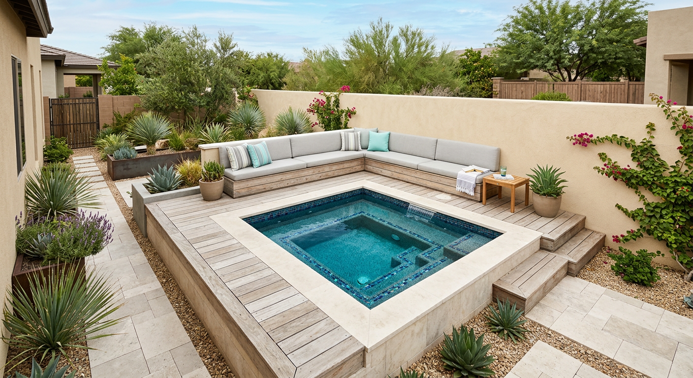 Photorealistic mid-shot of a compact spool integrated with a raised deck and built-in seating, during daytime. Modern mini...