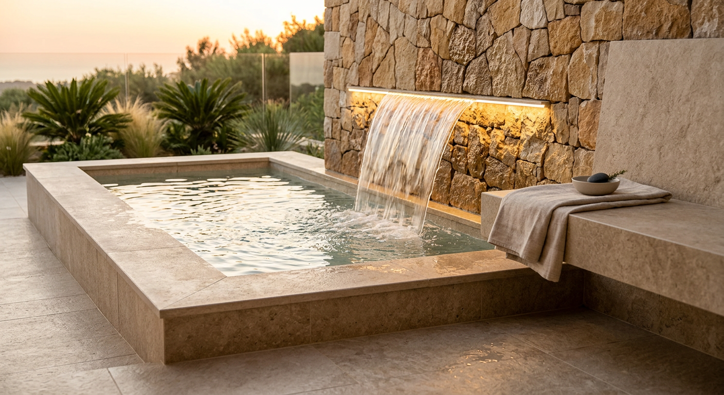 IN-CONTENT IMAGE - Photorealistic close-up of a modern spool and spa area with porcelain tile, bench seating, and cascadin...