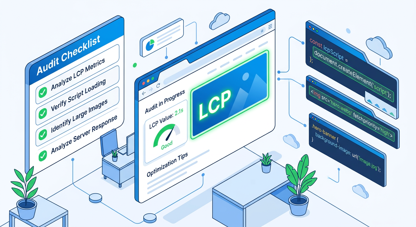 Clean isometric illustration of an audit workflow: a checklist on the left, a browser window showing LCP highlighted in th...